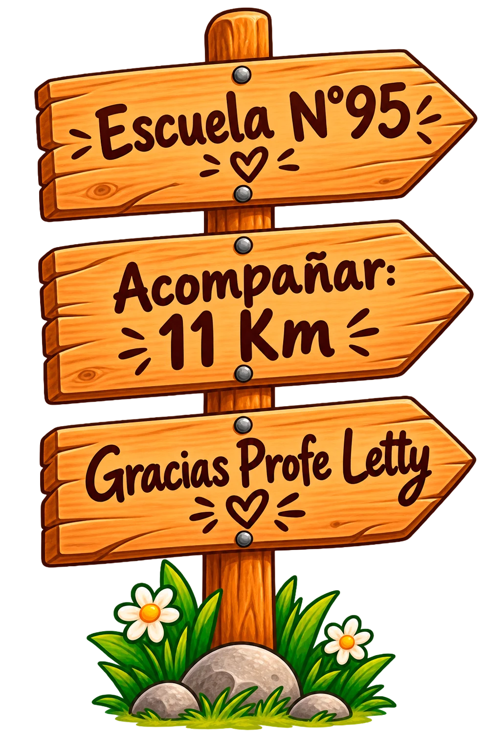 Cartel de madera: Escuela N° 95 · Acompañar: 11 Km