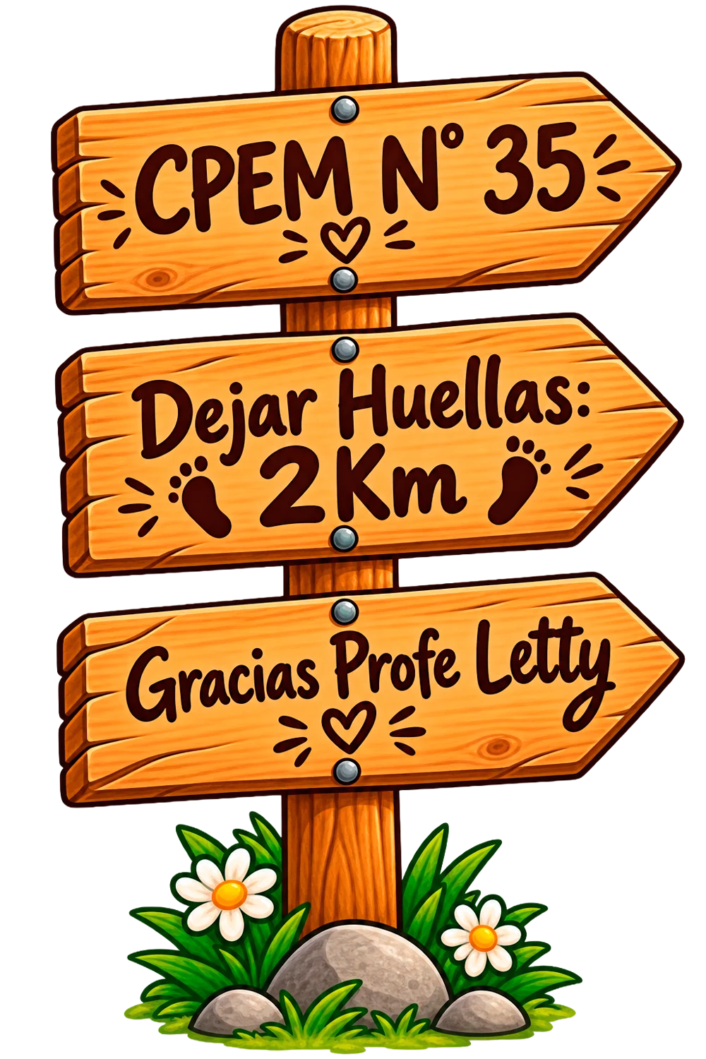 Cartel de madera: CPEM N° 35 · Dejar Huellas: 2 Km
